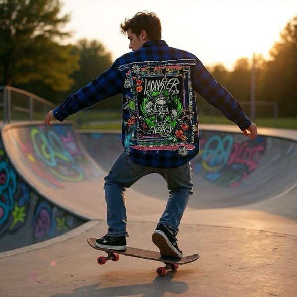 Upcycled Flannel Shirt Shacket Womens 1X Monster Grunge Patchwork Folk Art - Picture 2 of 16